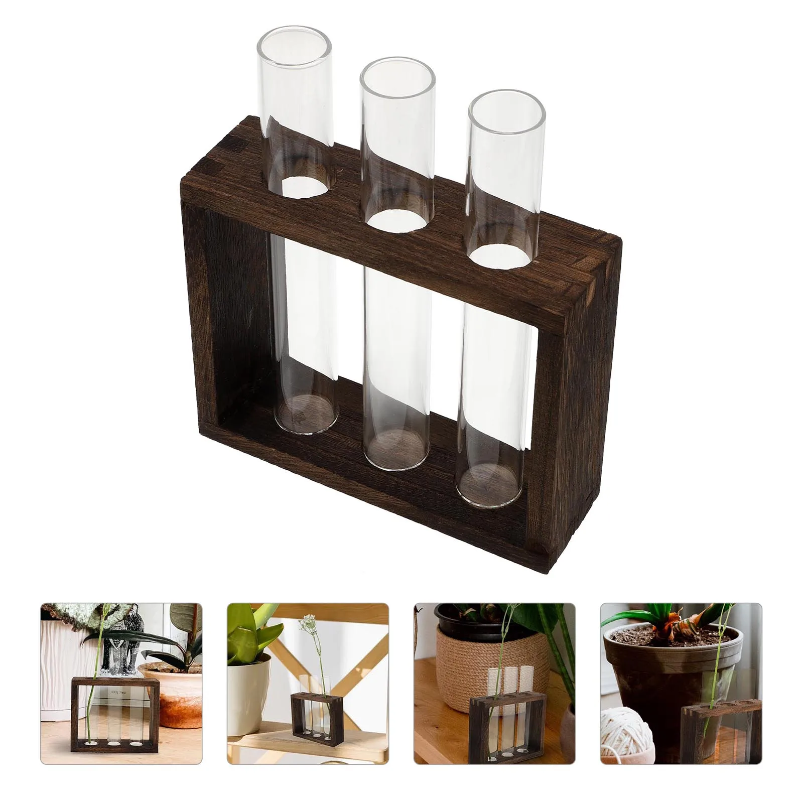

1Pc Vintage Wood Holder Test Tube Glass Flower Vase Hydroponics Container 3 Holes Decorative Planter