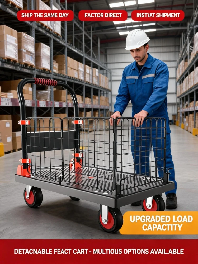 Foldable Flat Cart with Guardrail, Light Silent Wheels Hand Truck for Cargo Transport, Stall Selling & Express Delivery