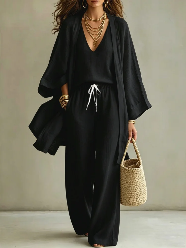 Casual Solid Long Pants Set Loose Vest Shirt Trouser 3pc Set Women Bat Sleeve Cardigan Wide Leg Pants Suit Spring Autumn Outfits view 5