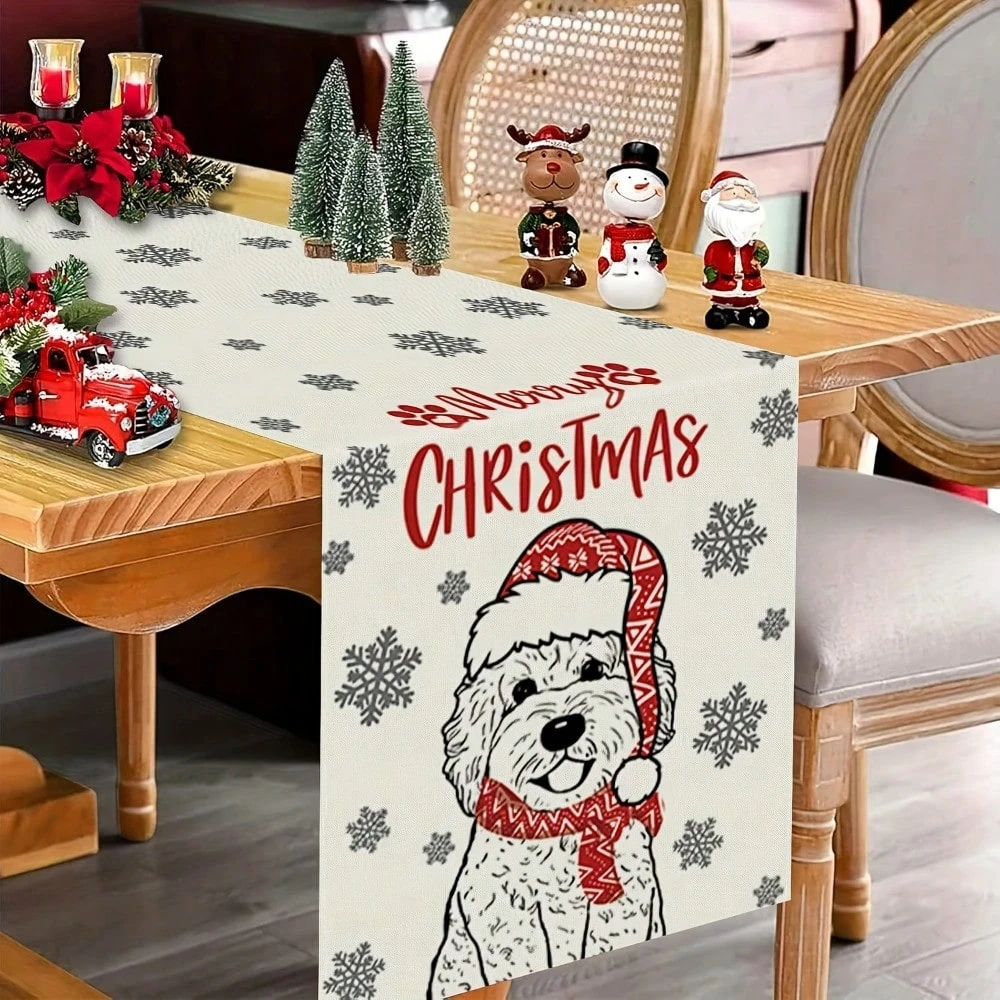 1PC Linen Merry Christmas Table Runner | Golden Retriever & Snowflake Print | Seasonal Holiday Kitchen Table Decor