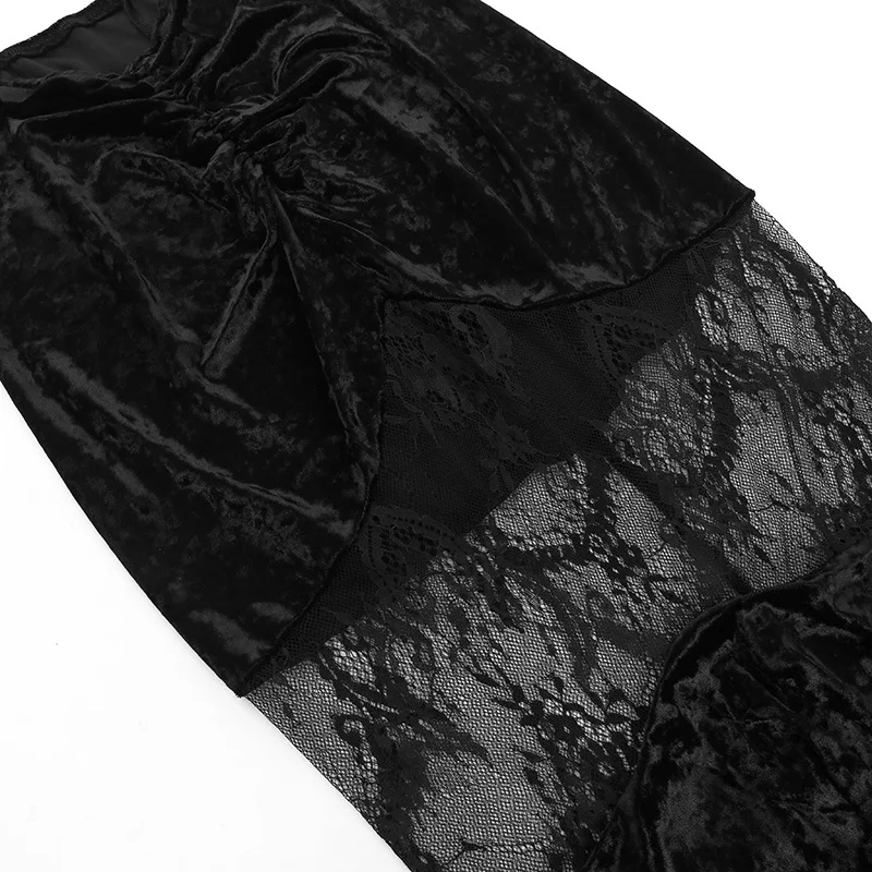 Goth Dark Ruched Vintage Gothic Aesthetic Velvet Skirts Grunge Mesh Splice Sexy Mermaid Skirt Women High Waist Elegant Partywear