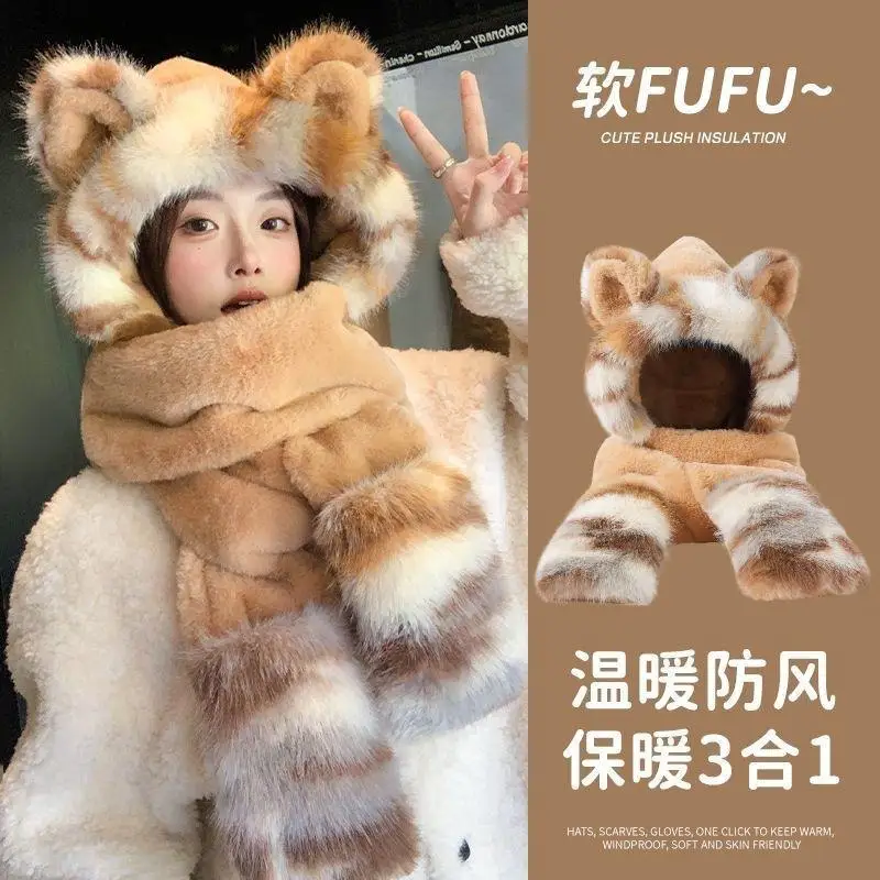Three-in-one hat Winter Women's Plus Hat Scarf Gloves One-piece Hooded Cute comfort Warm PlushThree-piece Suit To Prevent Cold