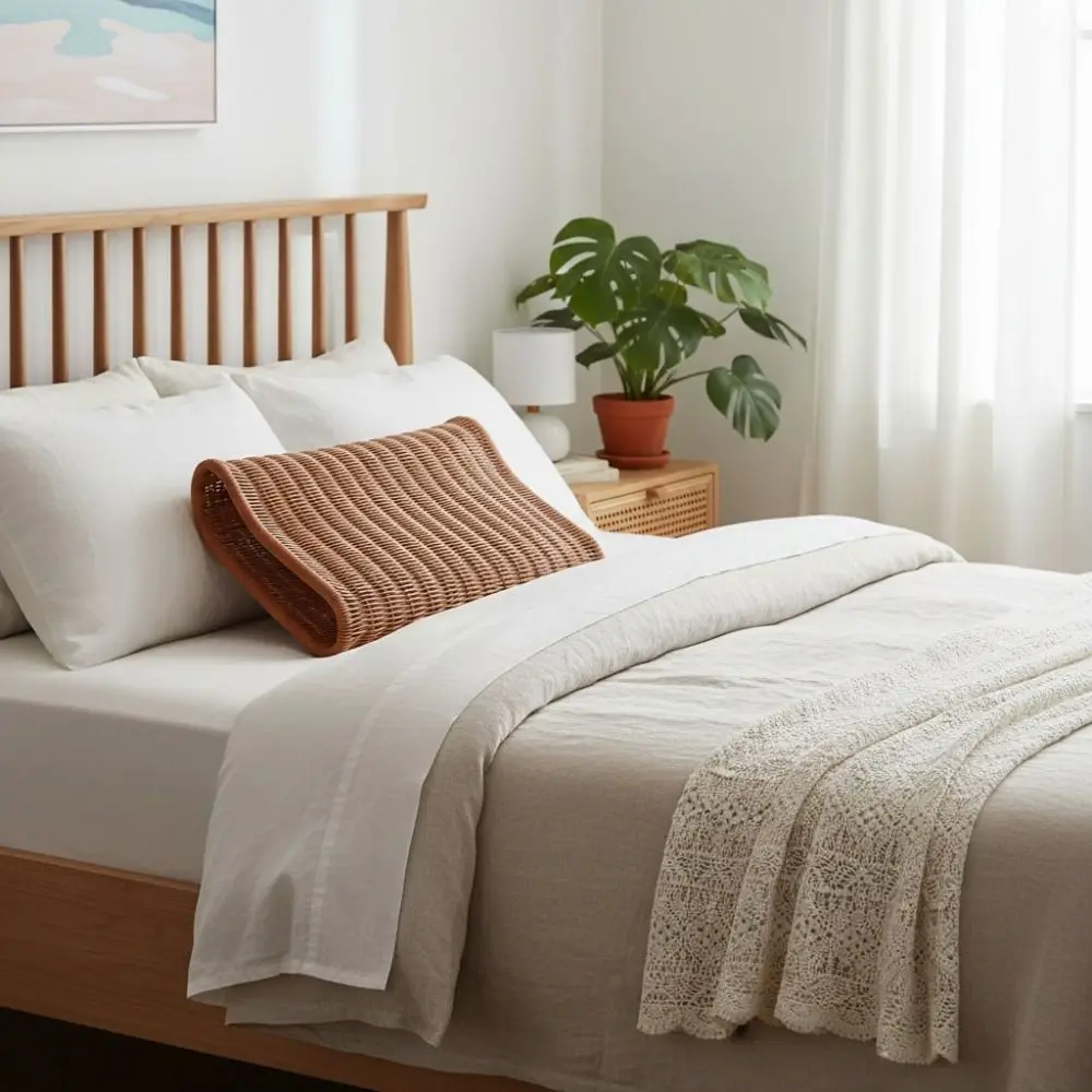 Ergonomic Curve Design Imitation Rattan Woven Pillow Handwoven Breathable Summer Cool Pillow Vintage Hollow