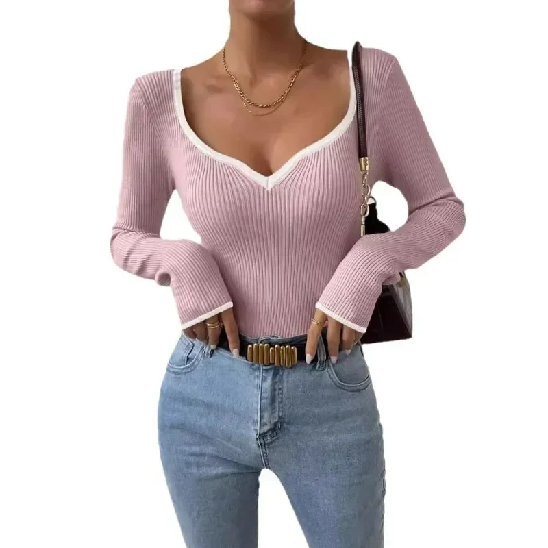 Women's V-neck Striped Contrasting Wide Knitwear When Fitting Fashion Blouse