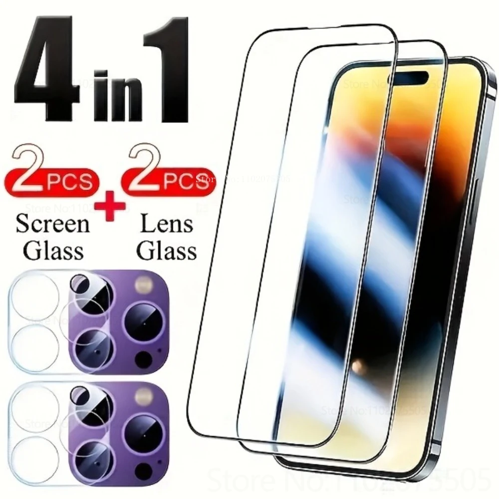 

[2+2]2Pcs Tempered Glass Screen Protector+2Pcs Lens Case for IPhone 17 Promax 17Air 12 13 Pro 14 Promax 16 15 Plus Fully Covered