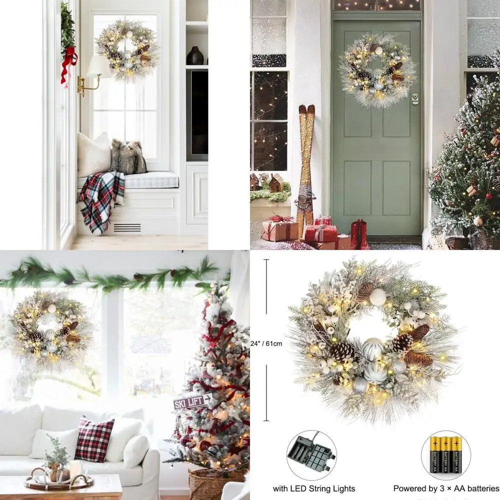 

24 белых флокированных рождественских венок со снегом, шариками, шишками и ягодами для дверей, праздничным декором в помещении и на открытом воздухе