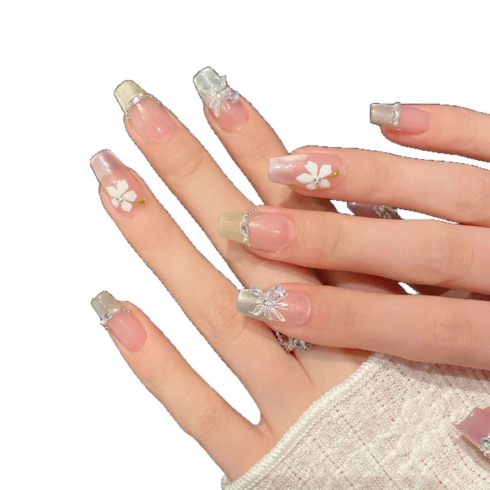 10 قطعة الصحافة اليدوية على الأظافر الوردي الأخضر الفرنسية عين القط الأظافر وهمية يمكن ارتداؤها قابلة لإعادة الاستخدام الأظافر الكورية كاذبة مع ديكور الفراشة #5