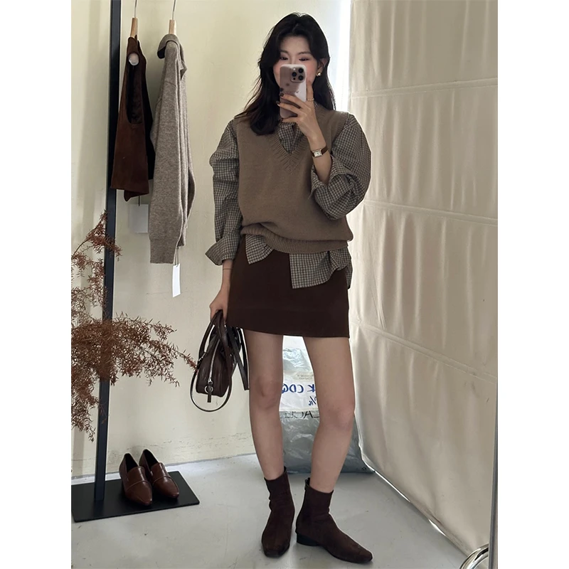 Hellokay Thiened Fce High Waist Slimming Suit Sle  Skirt Women's Autumn Winter Faion Korean A-Line ort Skirt