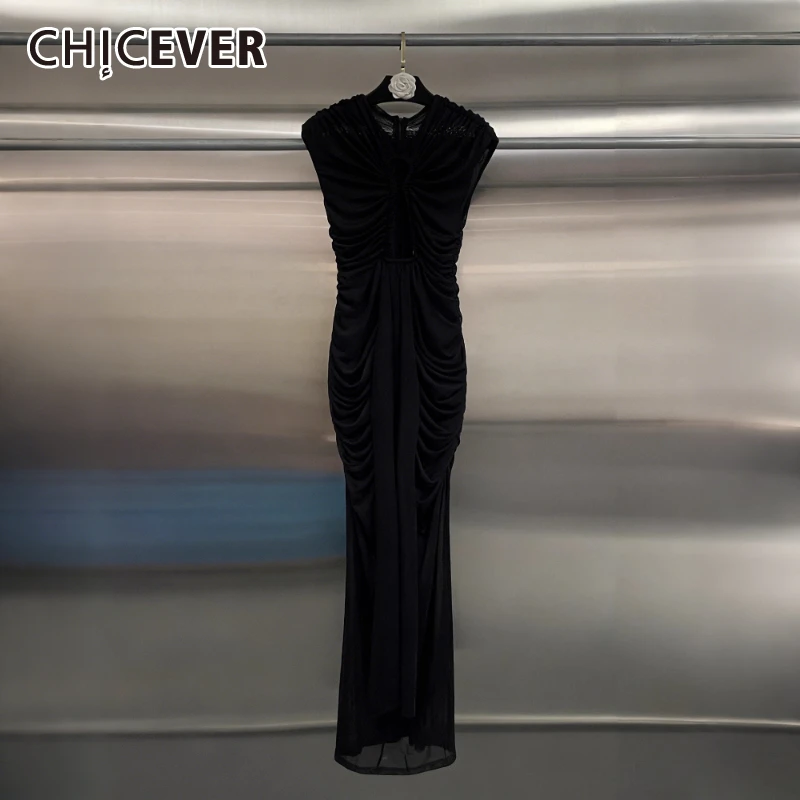 

CHICEVER Black Spliced Hollow Out Intellectual Dress Female O Neck Sleeveless Slimming Elegant Party Women's Dresses Fashion New