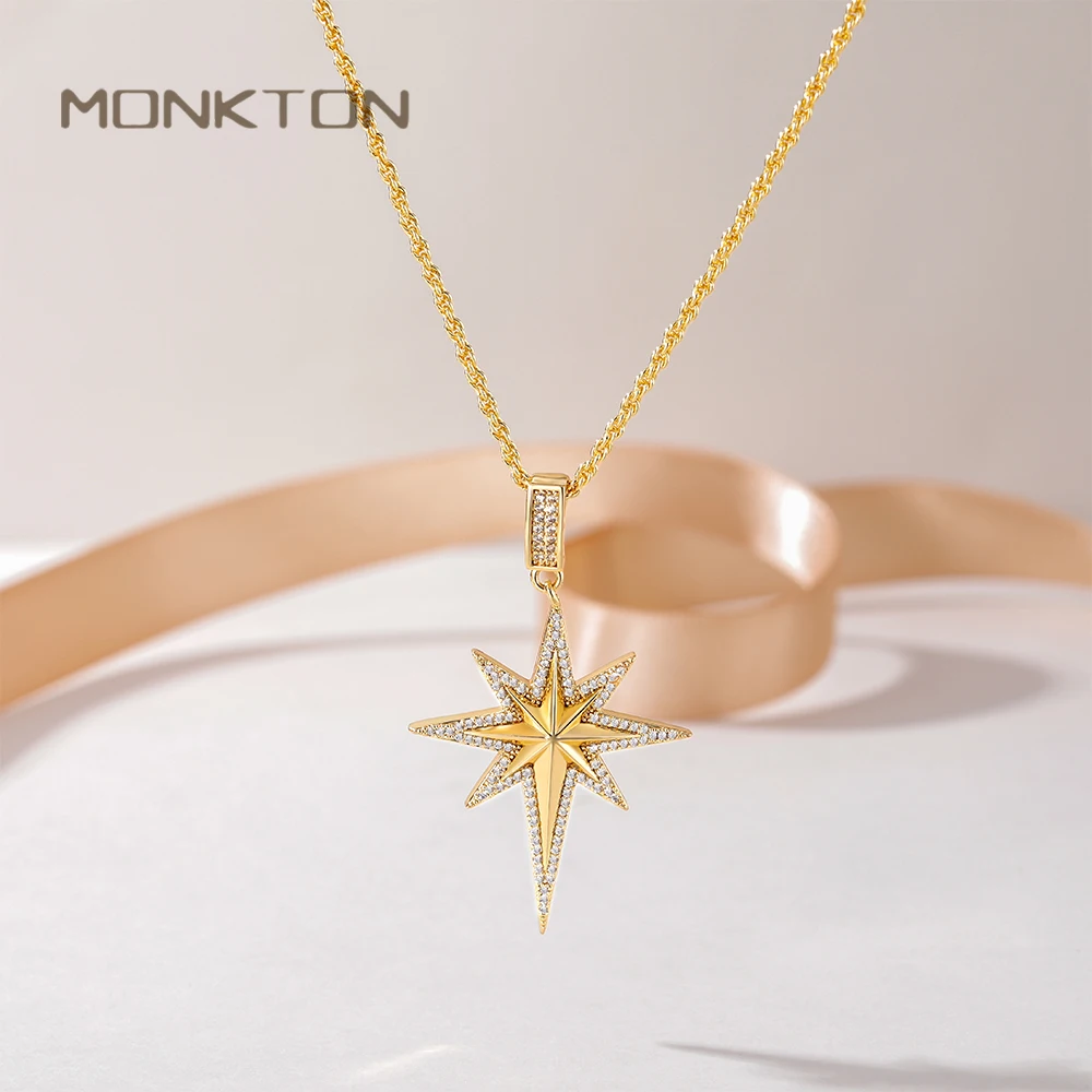 Monkton 18K Gold Plated North Star Pendant Necklace for Women Sparkling Cubic Zirconia Accents Fashion Celestial Jewelry Gift