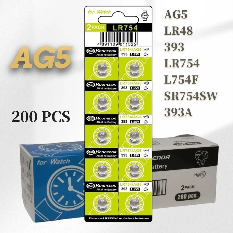 

200 шт. AG5 1,55 в Кнопочная батарея LR754 193 Cell, щелочная батарея LR48 для часов