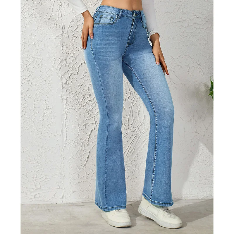 

Женские корейские дизайнерские джинсы-клеш, женские мешковатые джинсовые брюки с высокой талией, женские модные светло-голубые повседневные брюки