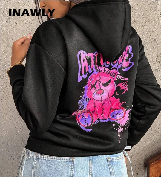 

For Men's Autumn and Winter 2025 A Casual Long-sleeved Hoodie with A Pocket Bear Print Cartoon Cuffs and A Hood
