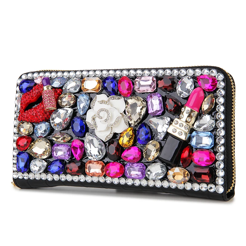 Luxury Diamond Women Long Purse Card Holder Coinetter Color Crystal Red Lip Pearl Wallet Pu Leather Zipper Around Wallet  Female