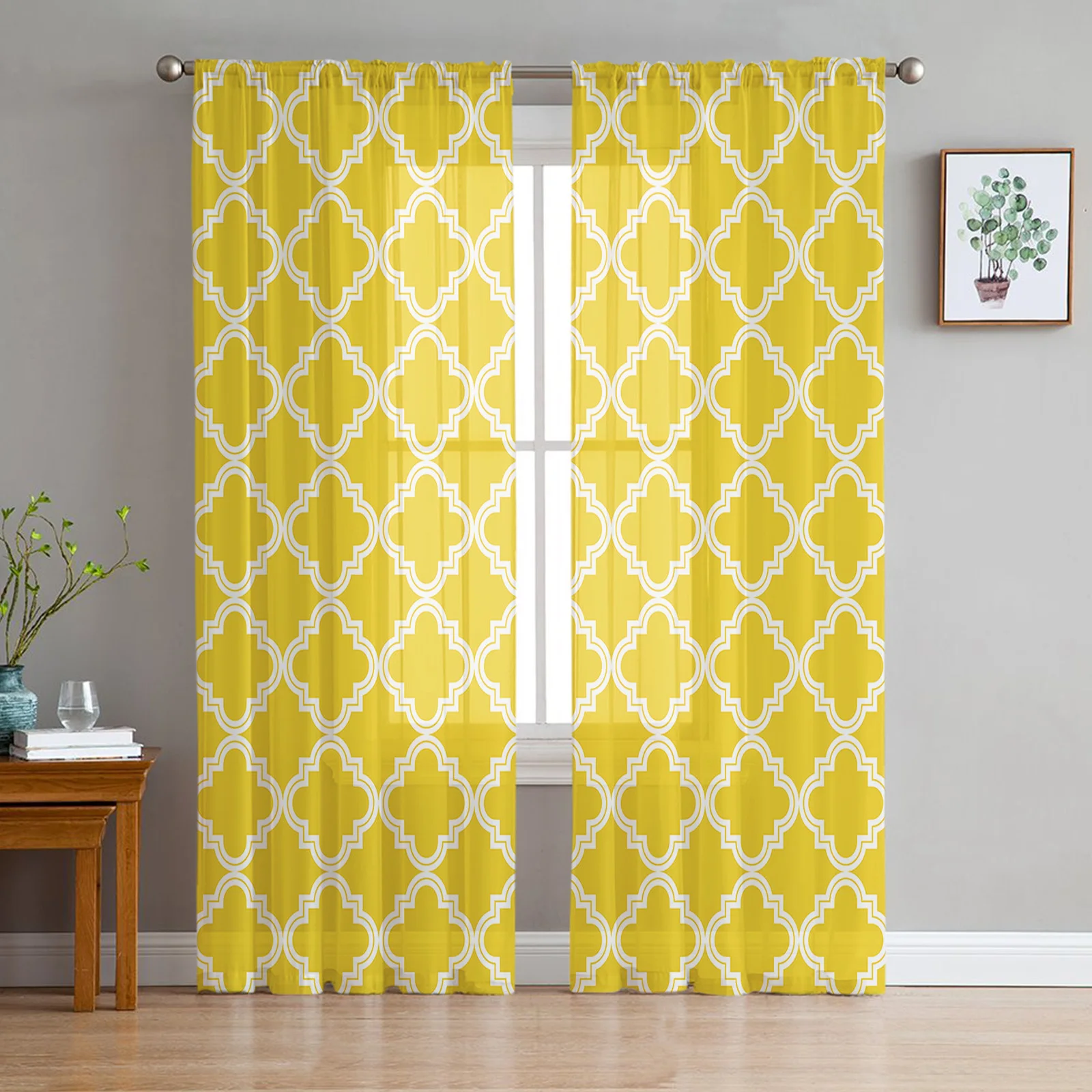 

Yellow Moroccan Geometric Checks Curtain Window Tulle For Living Room Bedroom The Kitchen Window Treatment Decorations Curtains