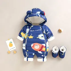 Autumn Winter Baby Boy Snowsuit Printed Hooded Plus Velvet Toddler Boy Jumpsuit 0-2 Years Newborn Infant Girl Overalls Romper