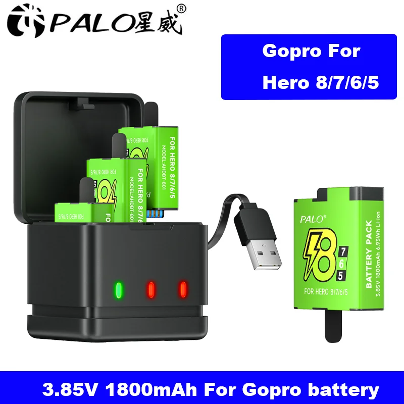 PALO 1800mAh GoPro 8 battery+3 Solts LED Light Battery Charger Storage Box With usb cable For Gopro Hero 8 7 5 6 Camera