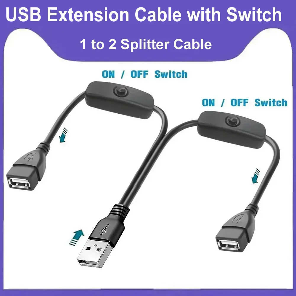 1 Male to 2 Female USB Cable with Two On/Off Switch,50cm USB Power Extension Cord USB 5V Splitter Charing Cord