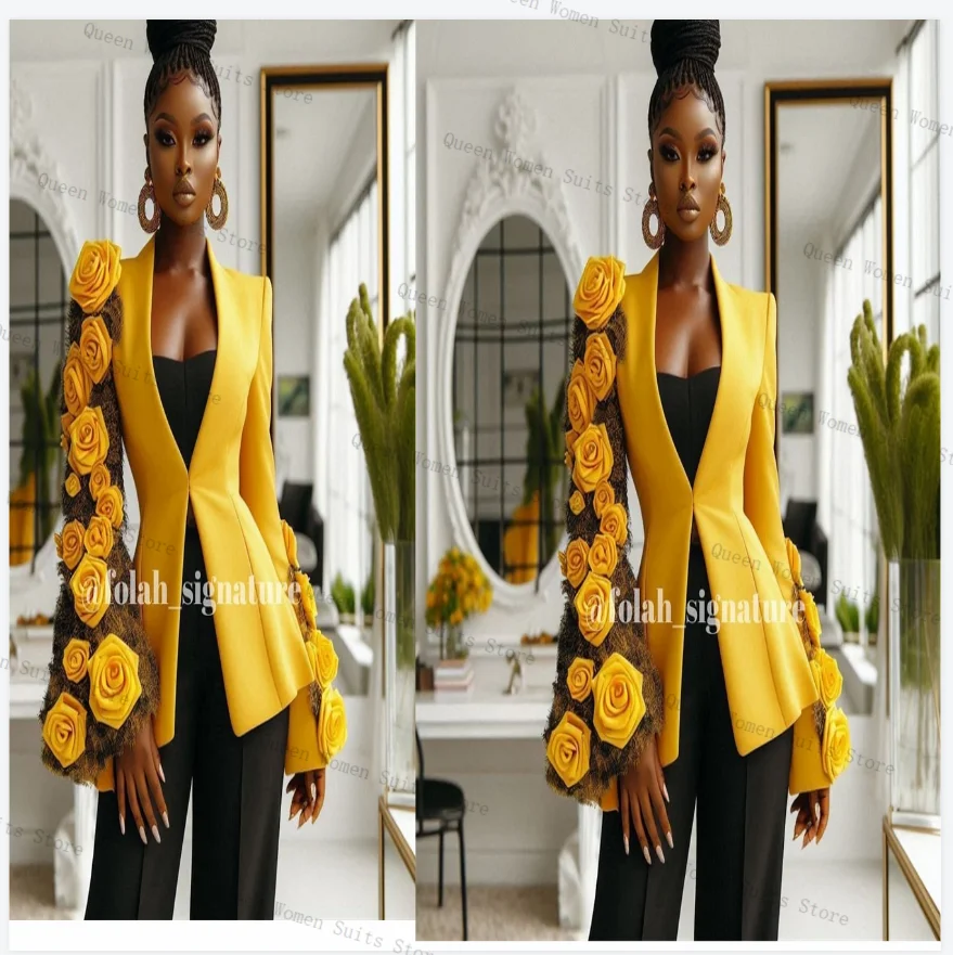 Yellow Black Women Suit Set 3 Pcs Top Bra+Blazer+Pants Trousers Formal Office Lady Jacket 3D Flower Wedding Coat Customized image 2