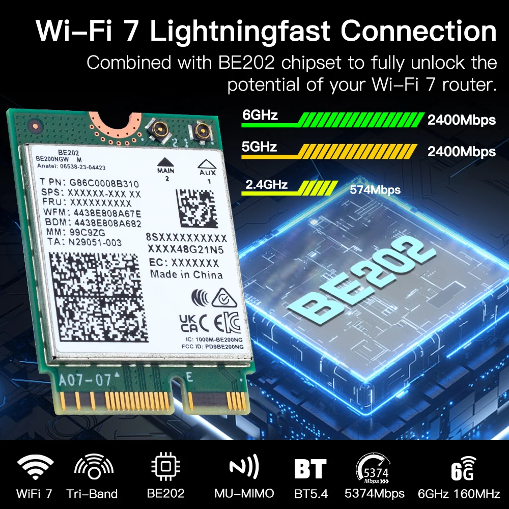WiFi 7 M.2 Wireless Adapter BE202NGW 8774Mbps Bluetooth 5.4 Dual Band 2.4G/5GHz Network Card for Windows 10/11 Laptop PC Upgrade