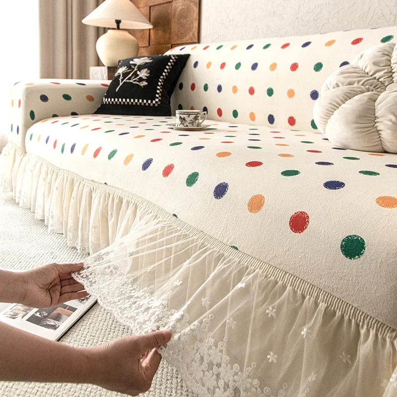 Dopamine Colored Polka-Dot Elastic Sofa Cover All-Inclusive Couch Slipcover with Lace Skirt Versatile Anti-Scratch Dust Covers