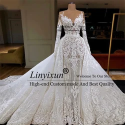 Elegant Long Sleeve Mermaid Wedding Dresses With Lace Appliques Bridal Gown African Full Sleeve Detchable Train Vestido De Novia