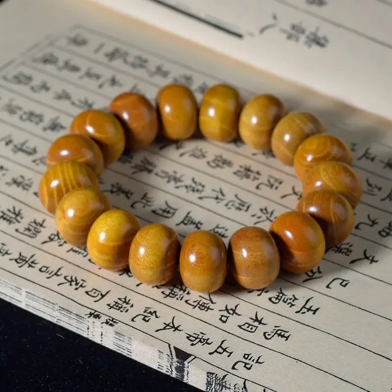 Green Wooden HandString Golden Silk Sandalwood Abacus Beads Bracelet Old Material Men and Women's Cliff Cypress Gold Silk Nanmu