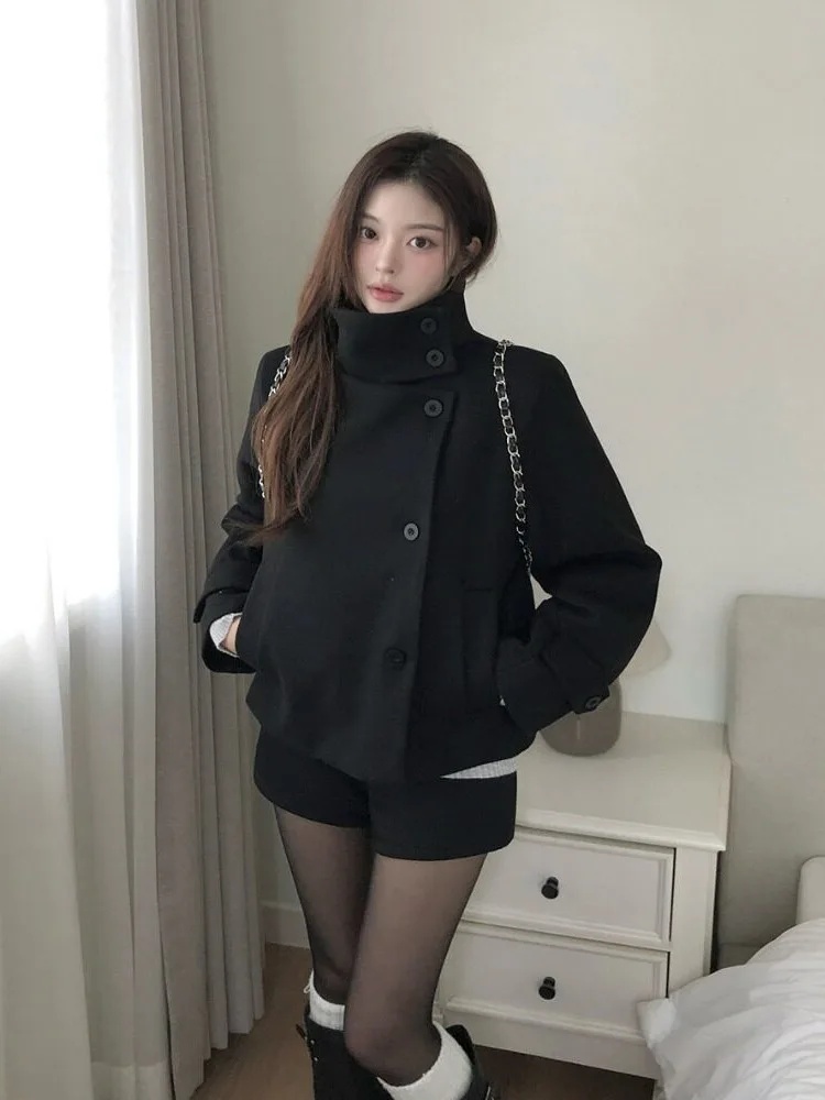 Retro Collar Thickened Short Woolen Coat Women's Autumn Winter High-End Feeling Elegance Tweed Top Korean Style Inner Wear