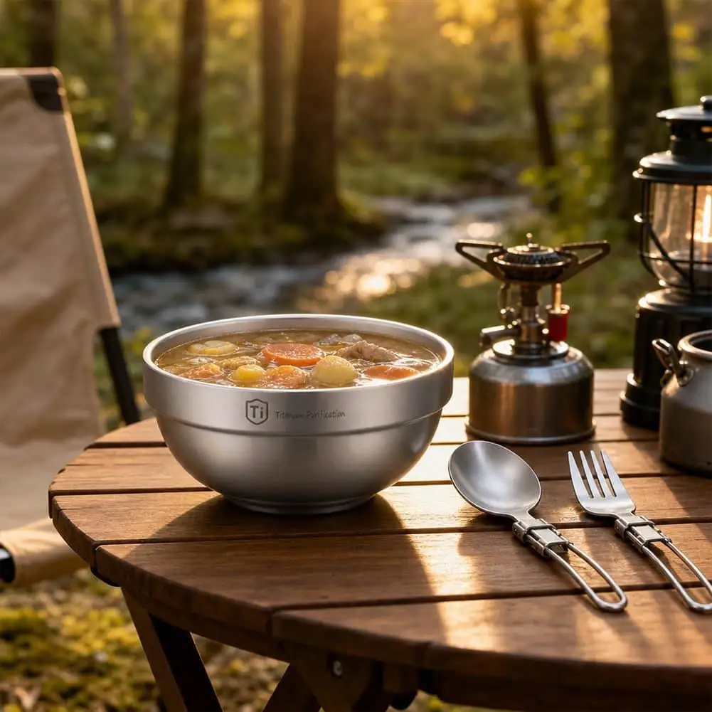 Reine Titan-Camping-Schüssel, doppelwandig, hitzebeständig, leicht, Outdoor-Schüssel, Reisegeschirr für Rucksackreisen, Picknick-Ausrüstung – Detail 9