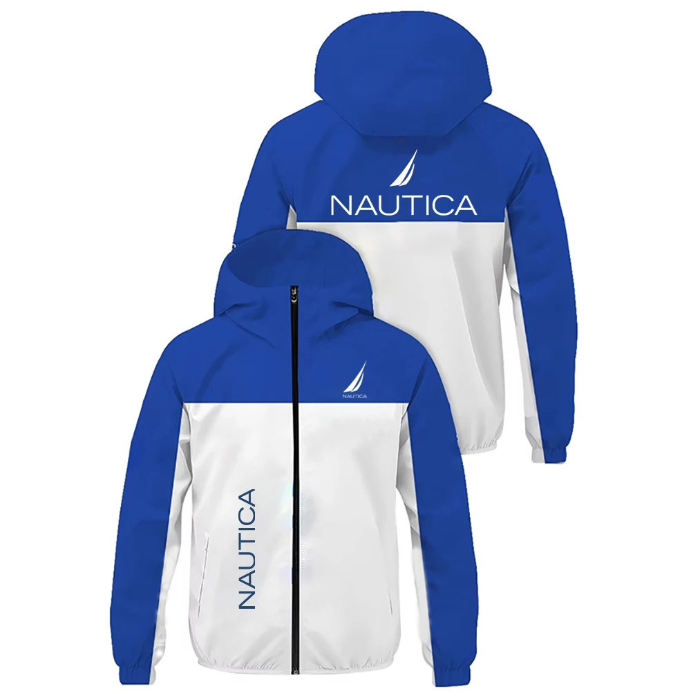 NAUTICA Men Color Block Hooded Windbreaker Jacket, Zip Up Lightweight Hoodie Coat, Casual Outdoor Sports Windproof Outerwear