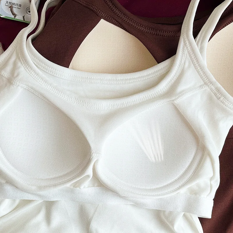 Cotton Sexy Sling Vest Fixed Chest Pad Women's Inner Outer Wear Underwear Top One Piece Sleepwear Pajamas T Shirt Sleeping Wear 4