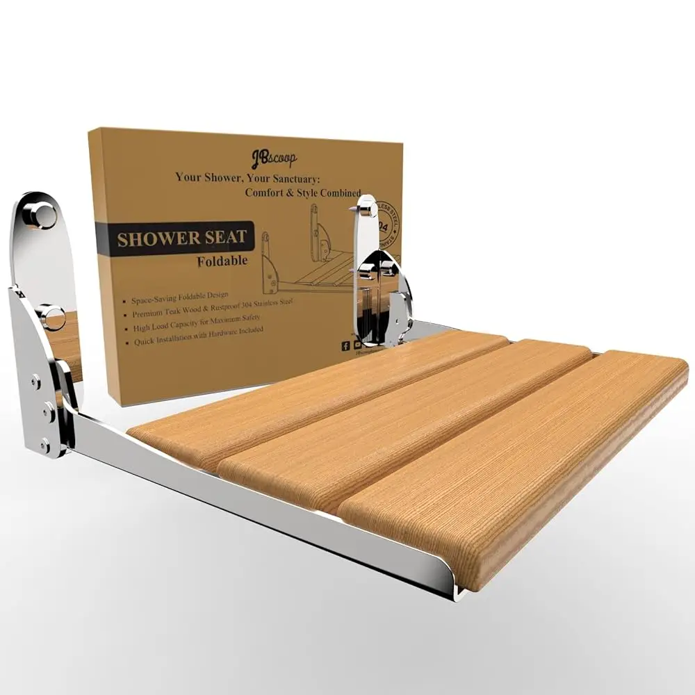 

Folding Shower Seat, Teak Wood & 304 Stainl Steel Wall-Mounted Bench, 440 Lb Acity, Waterproof & Rustproof, Space-Saving