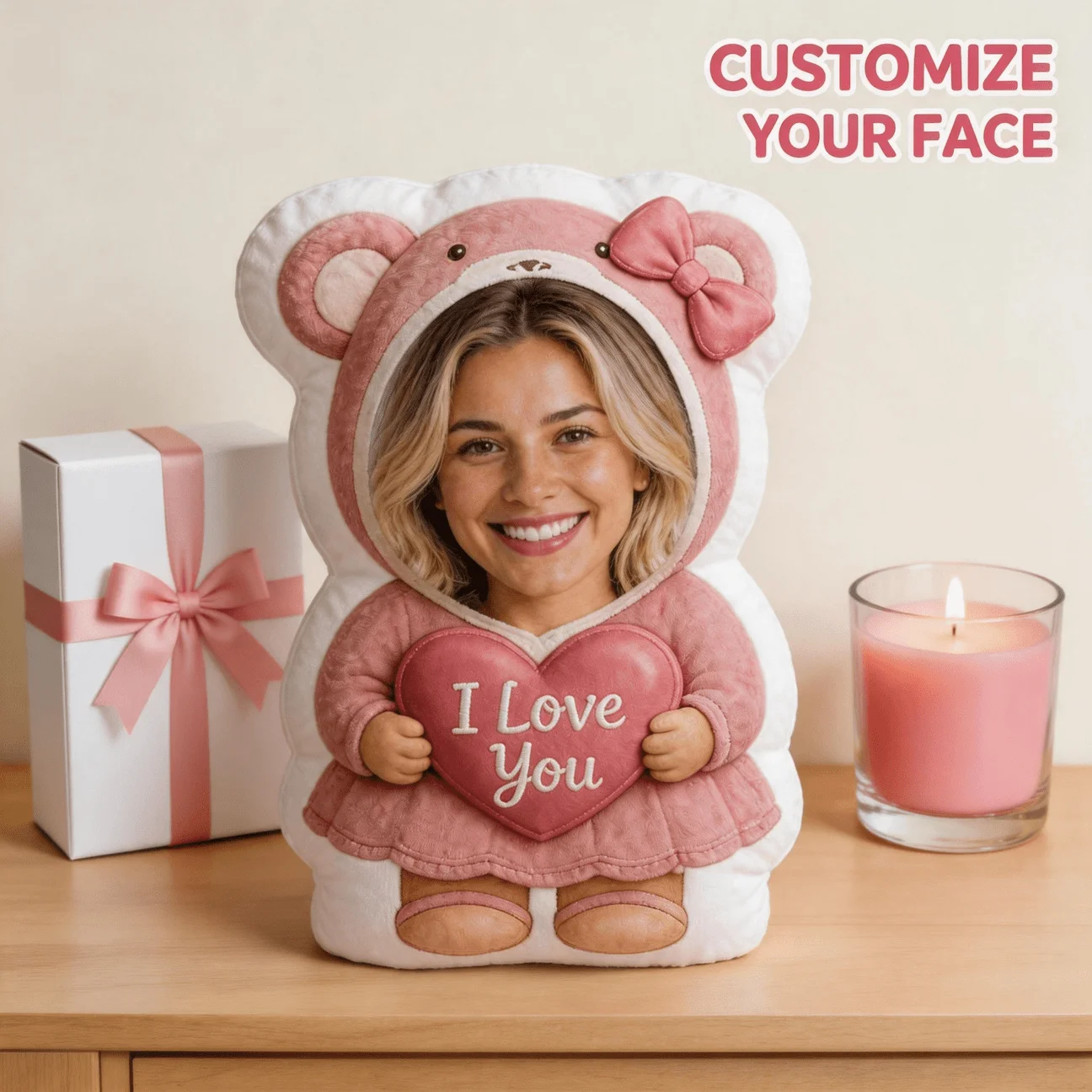 Custom Personalized Photo Face Pillow, Bear-Shaped Decorative Cushion with I Love You Heart Design, 60CM Large Size Accent Pillo