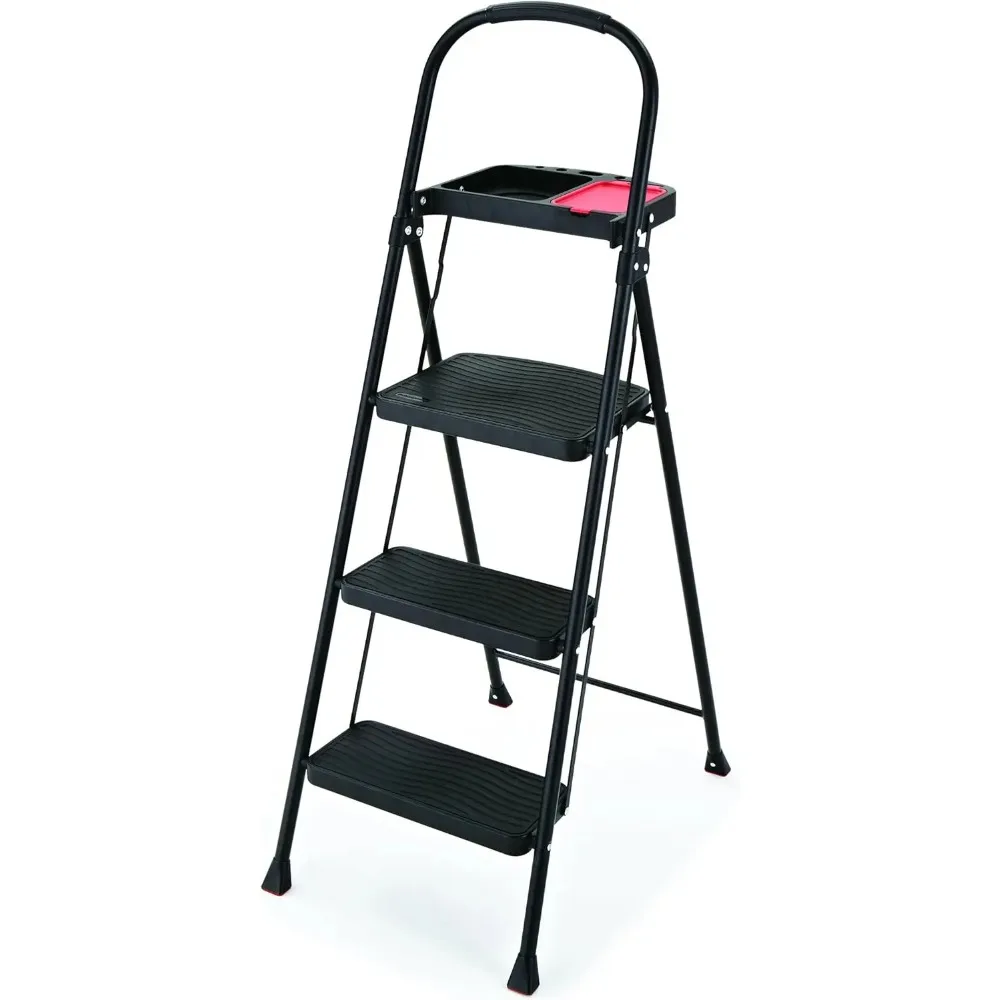 

3-Step Steel Ladder with Project Tray Folding Step Stool with Hand Grip and Non-Slip Feet White Tested to ANSI US Safety Standar