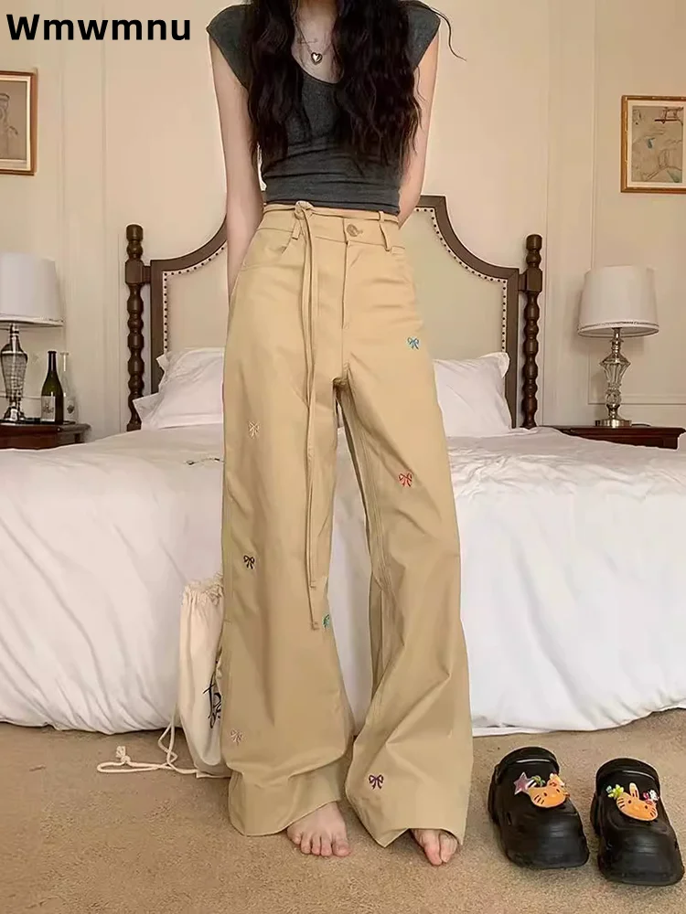 Bow Embroidered Khaki High Waist Straight Pants Women's Casual Baggy Cargo Pantalones New Loose Hosen Fashion Wide Leg Trousers
