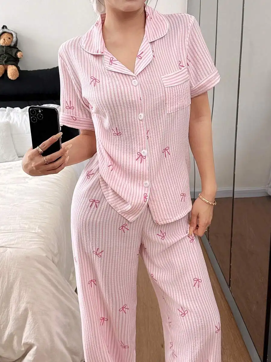 

Luxury Satin Silk Pajama Set For Women, Short Sleeve Button-Up Cardigan Top And Loose Pants, Soft Smooth High-End Silky Breathable Loungewear, Minimalist Chic Slimming Casual Homewear, Machine Washable