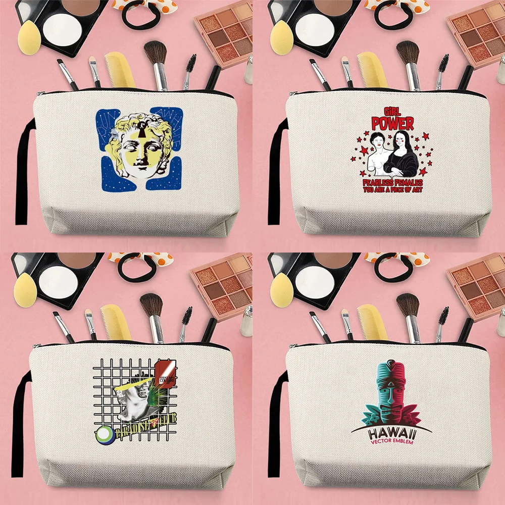 2026 Simple Makeup Storage Bag Woman Change Canvas Funny Sculpture Pattern Printing Toiletries Portable Rope Beige Pencil Case