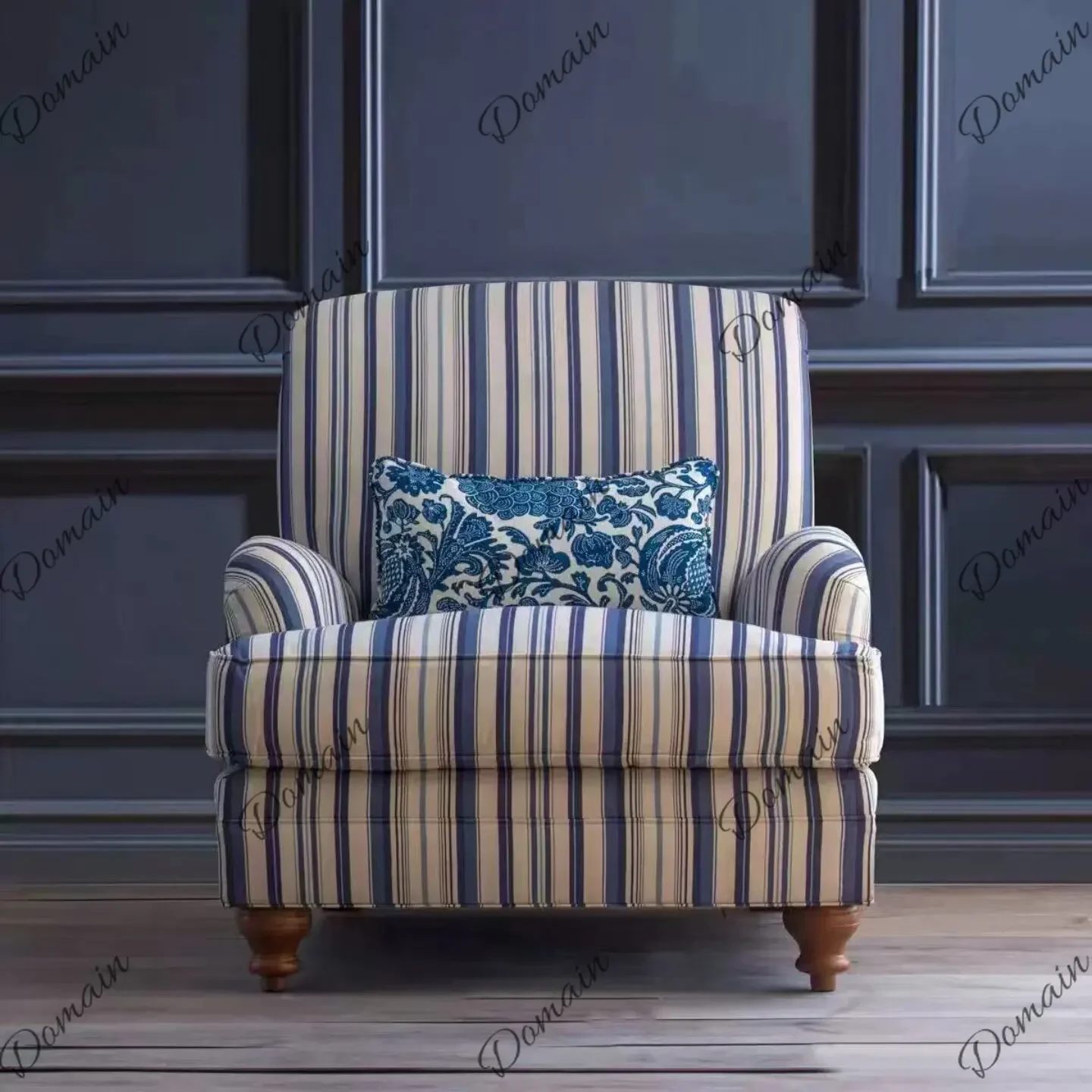 BJ American Country Furniture Blue Striped Leisure Chair Living Room Bedroom Hotel Reception Lazy Fabric Sofa Chair