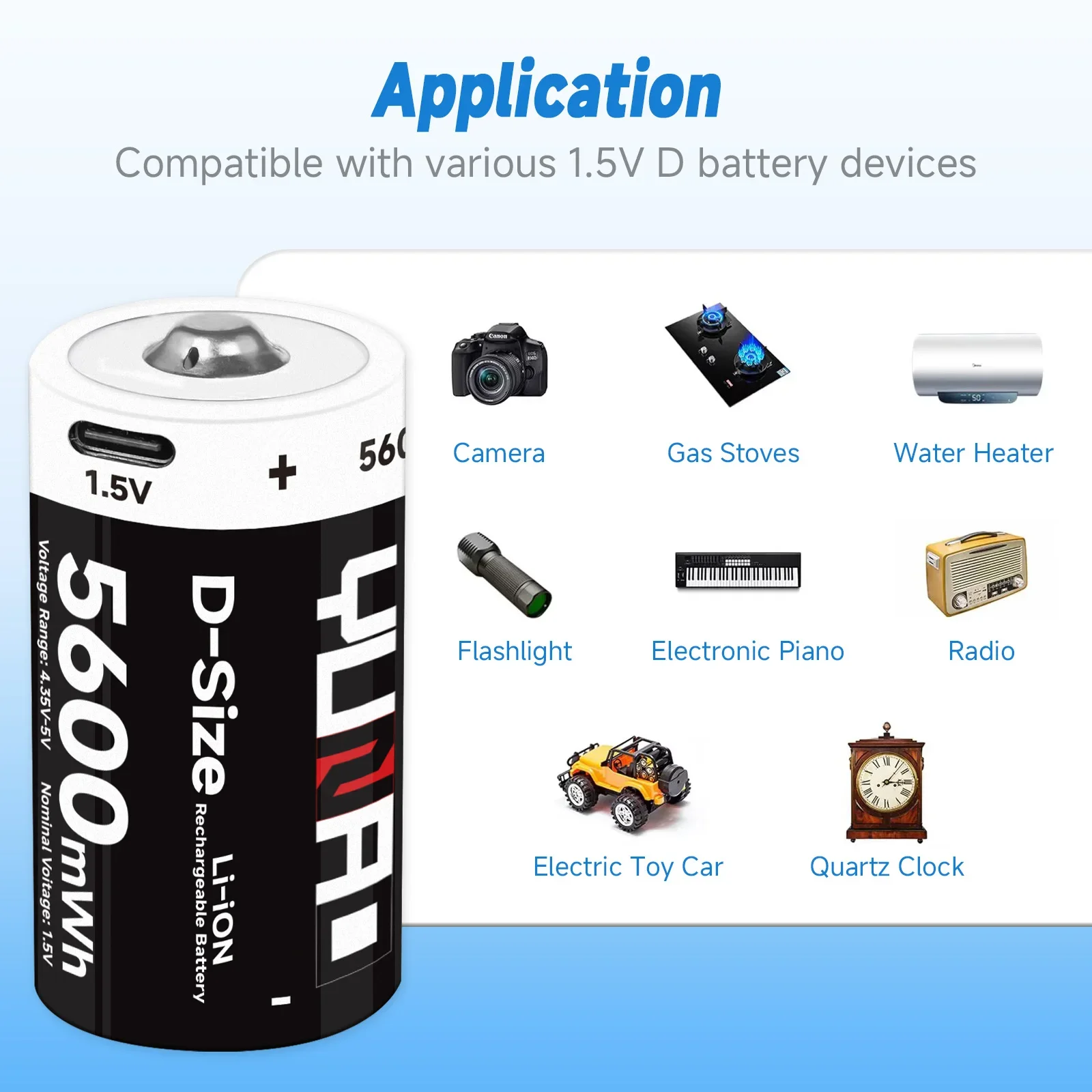 YUNAO Rechargeable Type d 1.5V 5600mWh battery USB LR20 lithium-ion type C battery for gas stove water heater electronic organ