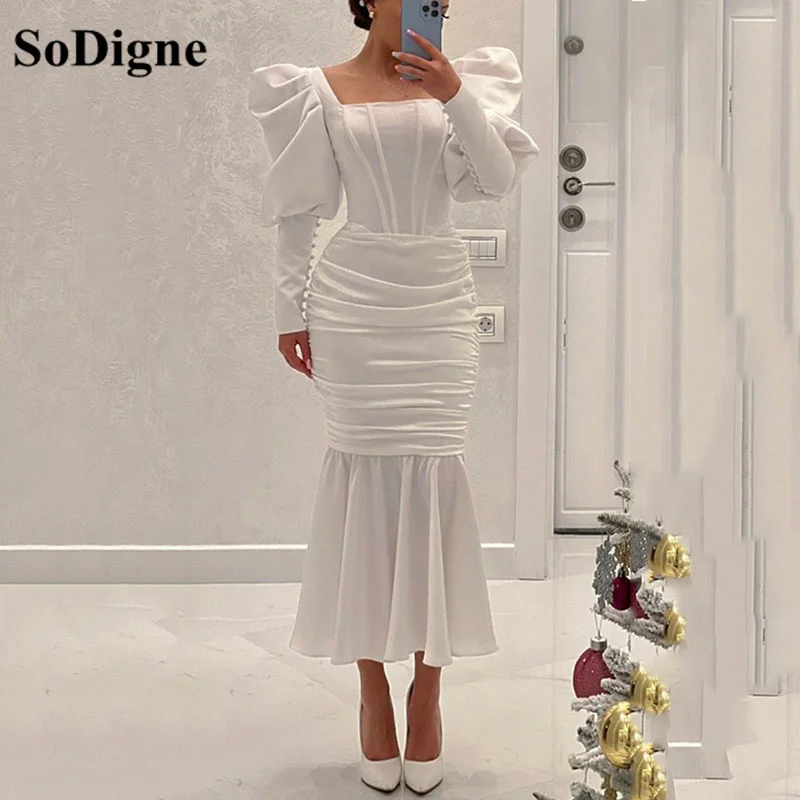 

SoDigne Long Sleeves Satin Mermaid Evening Dresses Pleat Bone Corset Dubai Women Long Prom Gown Formal Occasion Dresses