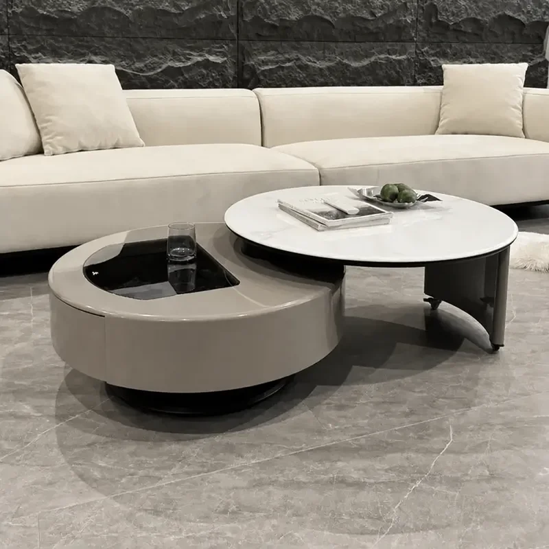 2026 New Round Rotating Microcrystalline Stone Tea Table Multifunctional Small Apartment Living Room Furniture Light Luxury