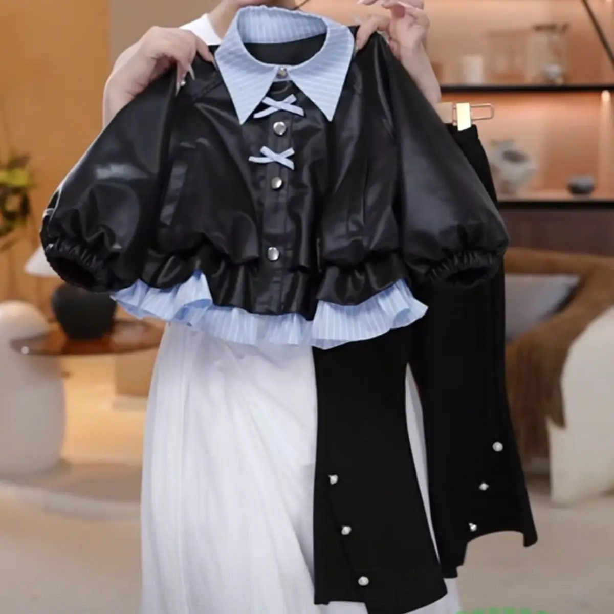 Girls' Autumn New Leather Jacket Set, Foreign Style Two-piece Casual Jacket, Jacket and Pants Two-piece Trendy Set