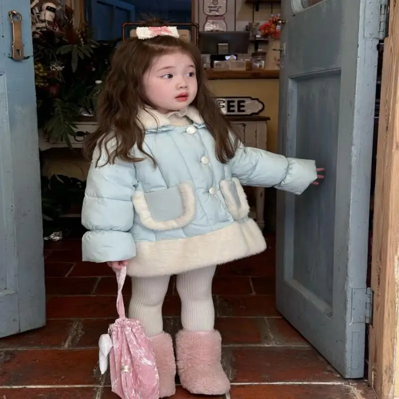 معطف قطني للفتيات الصغيرات للخريف والشتاء دافئ بلون سادة كوري كاجوال للأطفال ناعم وسميك مبطن ملابس خارجية متعددة الاستخدامات