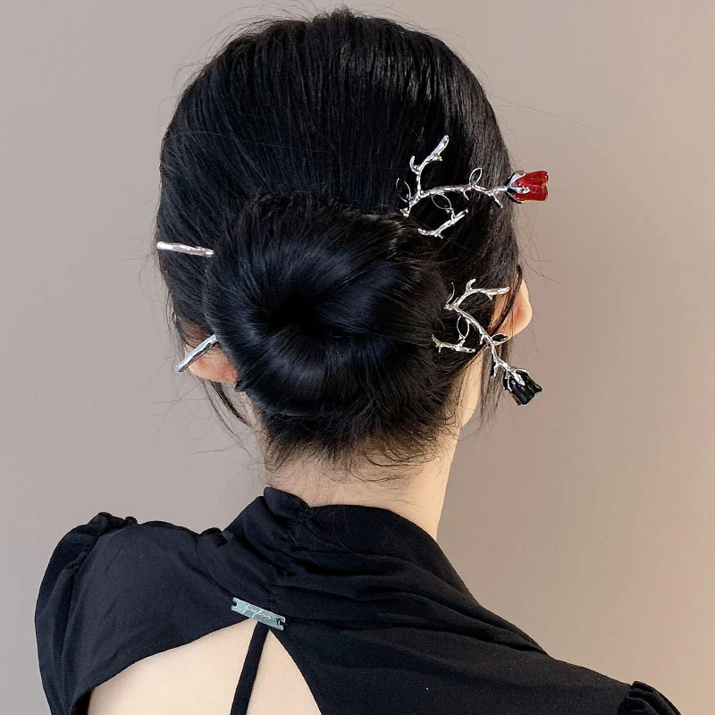 빈티지 장미 머리 스틱 중국어 간단한 검은 빨간 장미 꽃 머리 젓가락 머리핀 디스크 스틱 hairclips 여성 쥬얼리