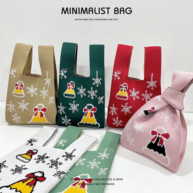 Borsa a mano in maglia da donna Mini borsa da polso con nodo borsa da polso riutilizzabile per studenti con fiocco di neve di colore Casual femminile