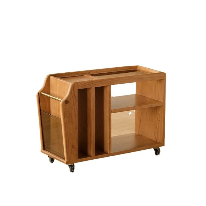 

Modern cherry wood Bayan cart retro solid wood mobile coffee table living room furniture sofa side cabinet small storage