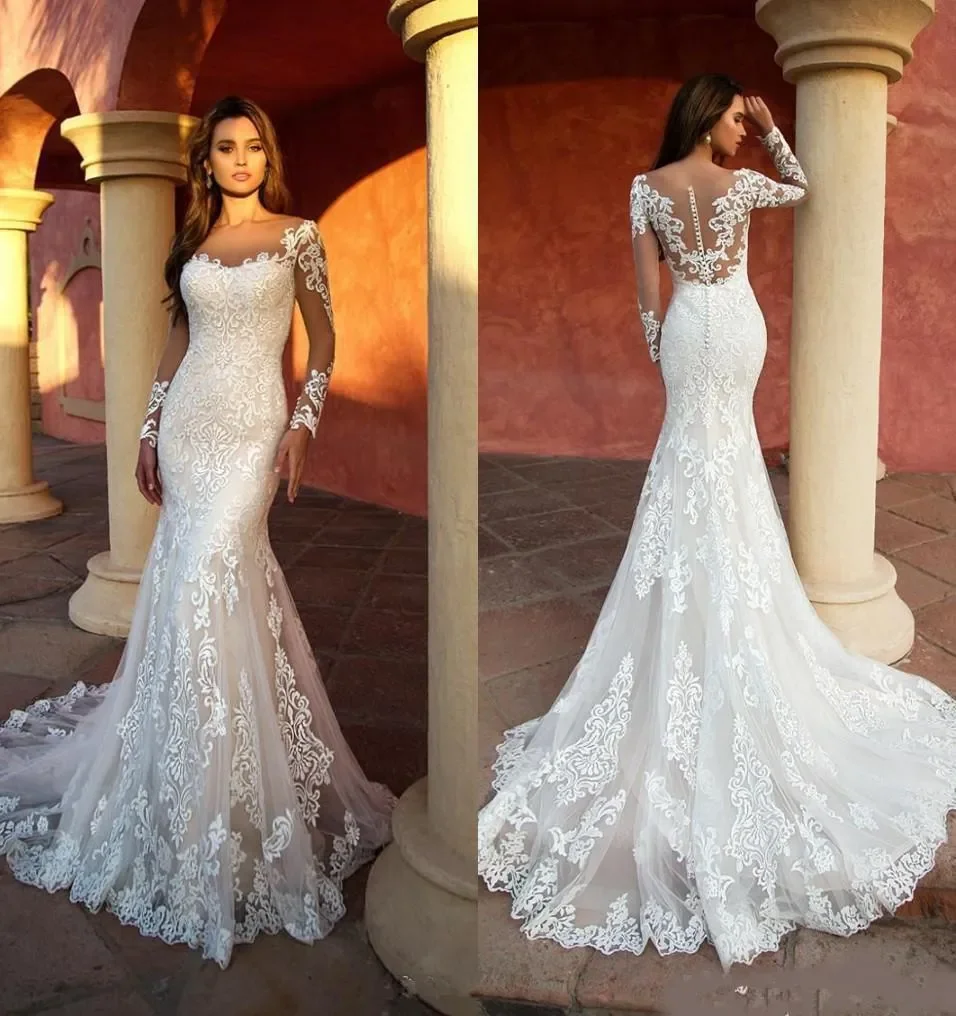 

Vintage New Arrival Mermaid Wedding Dresses Sheer Neck Long Sleeve Appliqued Lace Bridal Gowns Illusion Wedding Dress customized