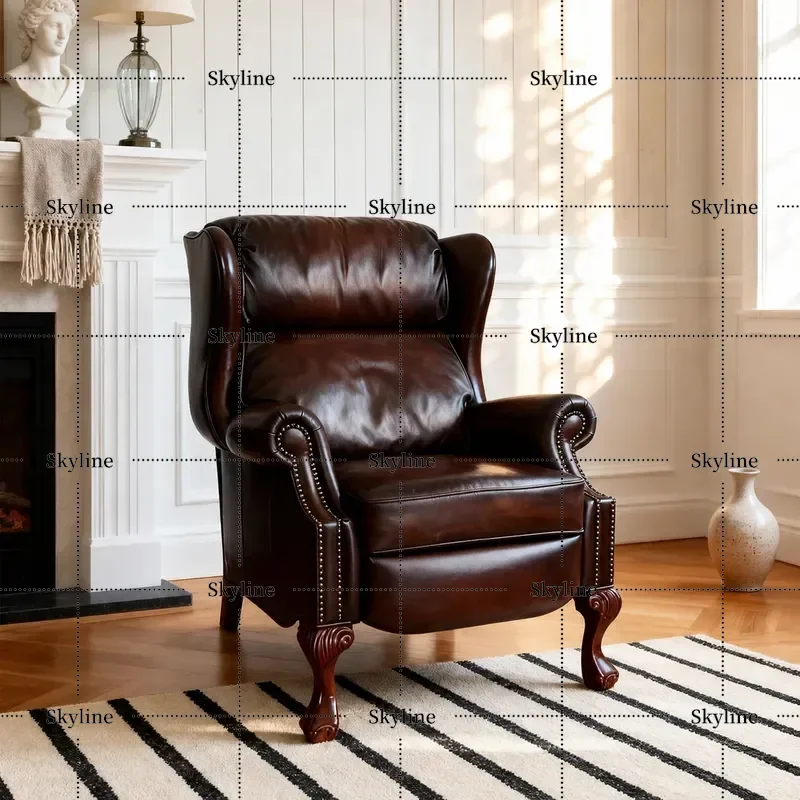 for American Retro Full Leather Single Sofa Chair Dark Brown Oil Wax Leather Tiger Chair Solid Wood Carving Flower Foot