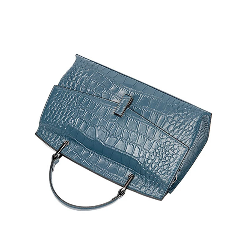 Light Luxury Crocodile Pattern Women\'s Handbag Fashionable and Versatile Mist Blue Cowhide Single Shoulder Crossbody Bag