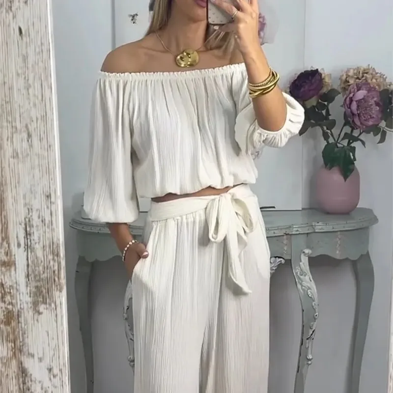 

Spring Autumn Women's Trousers Set Solid Color Loose Comfortable Commuting Style Ruffled Long-sleeved Tops Trousers 2-piece Set